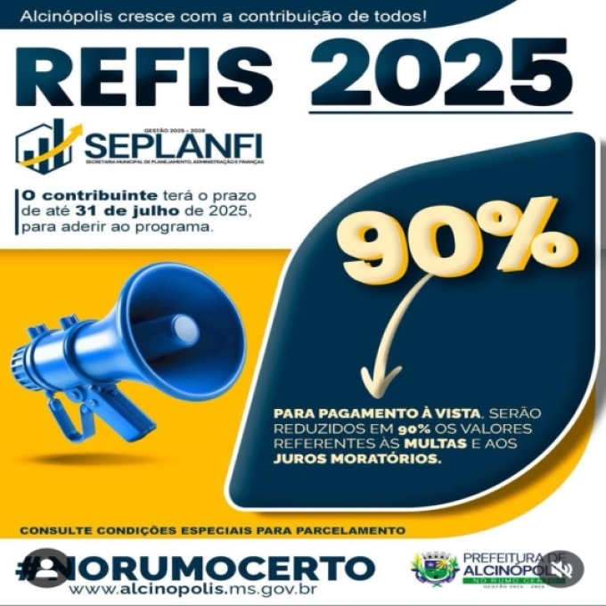 Prefeitura de Alcinópolis informa o prazo do REFIS-2025 Prefeitura de Alcinópolis informa o prazo do REFIS-2025