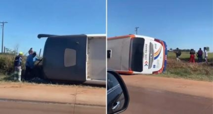 Ônibus com 31 passageiros tomba na BR-364; 4 feridos com destino a Alto Taquari MT Ônibus com 31 passageiros tomba na BR-364; 4 feridos com destino a Alto Taquari MT