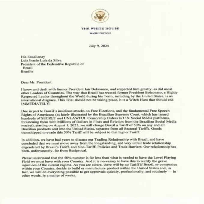Trump manda carta a Lula e anuncia tarifa de 50% sobre produtos brasileiros Trump manda carta a Lula e anuncia tarifa de 50% sobre produtos brasileiros