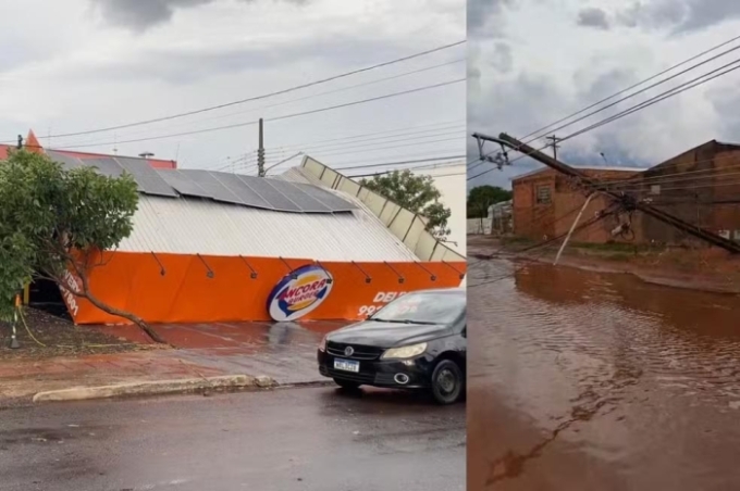 Temporal em Campo Grande derruba fachada de restaurante, postes e árvores