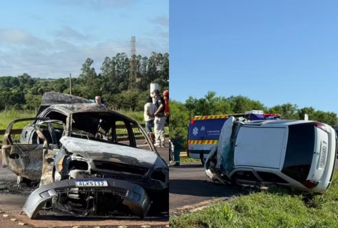 Acidente na BR-163 deixa dois feridos; veículo pega fogo e outro tomba