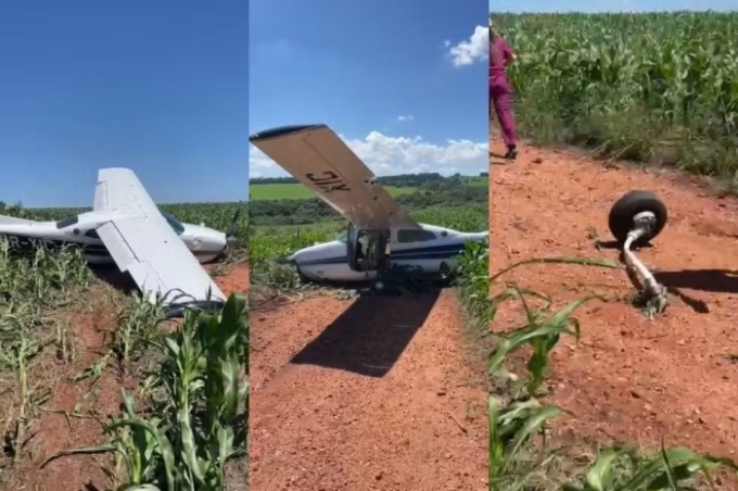 Avião faz pouso de emergência em plantação de milho e seis pessoas são levadas para hospital em MS