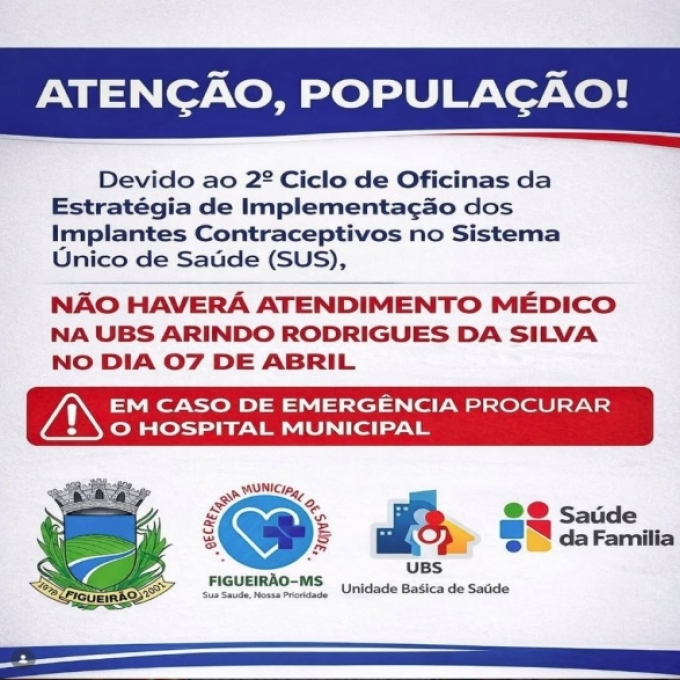 Atendimento médico está suspenso temporariamente na UBS de Figueirão nesta terça-feira (07)