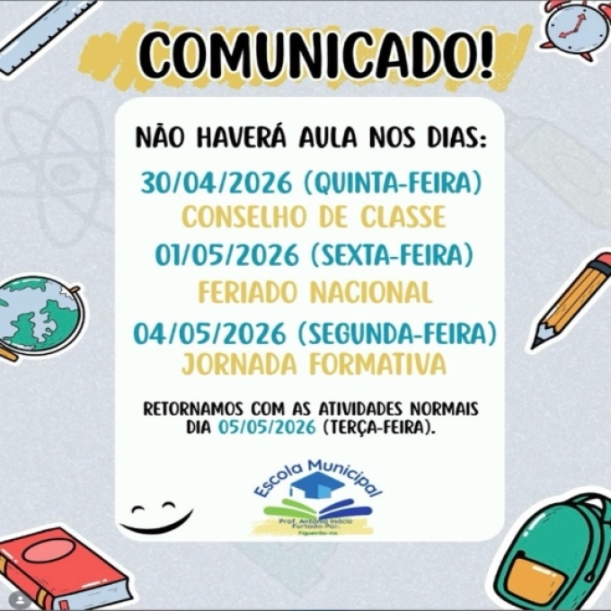 Escola Municipal de Figueirão suspende aulas em três datas e retoma atividades no dia 5 de maio