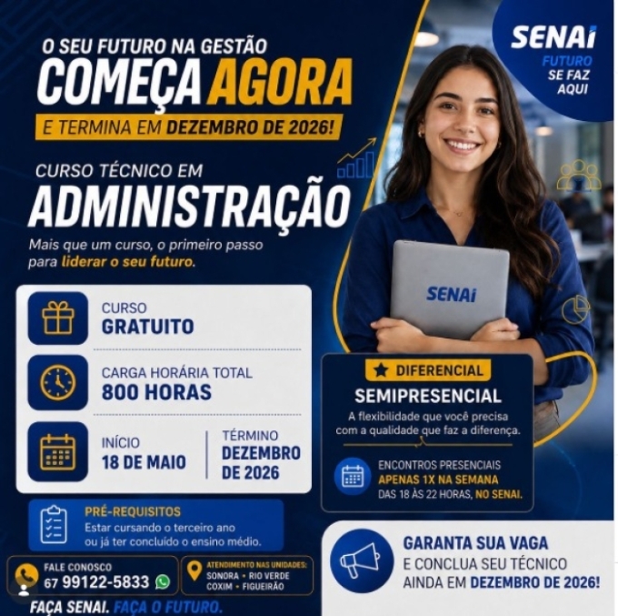 SENAI abre matrículas para curso técnico gratuito em Administração na região Norte de MS