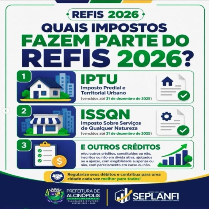 REFIS 2026 oferece até 90% de desconto para regularização de débitos em Alcinópolis