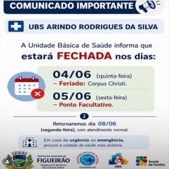 UBS de Figueirão não terá atendimento nos dias 4 e 5 de junho