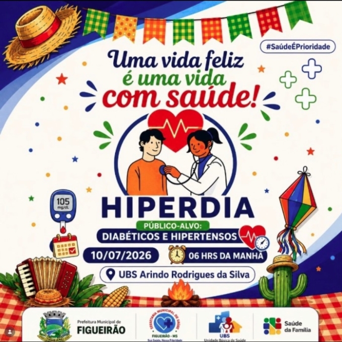 Prefeitura de Figueirão promove edição do HIPERDIA no dia 10 para pacientes com hipertensão e diabetes