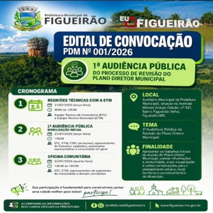Prefeitura de Figueirão abre participação popular para revisão do Plano Diretor Municipal