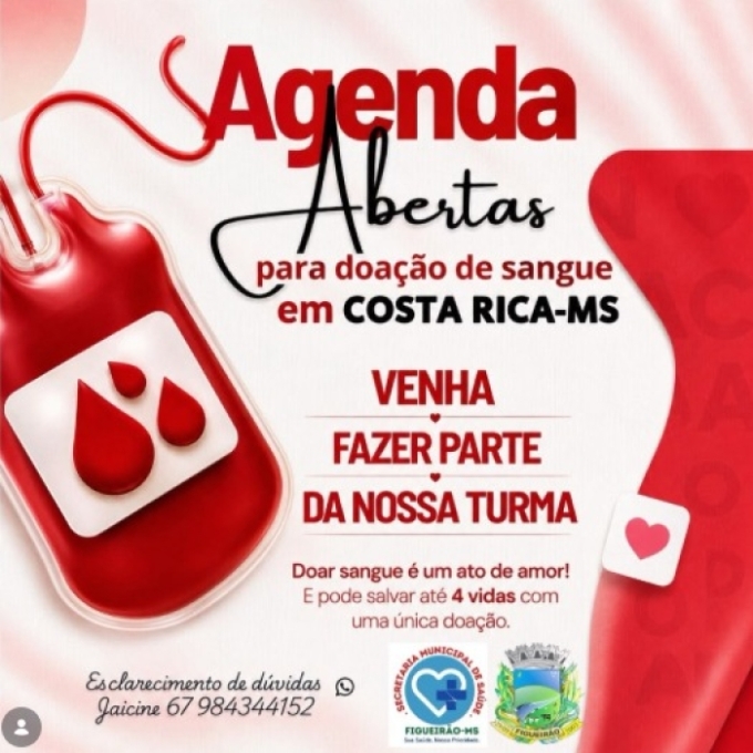 Prefeitura de Figueirão abre inscrições para doação de sangue em Costa Rica