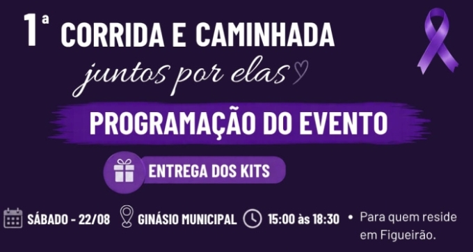 Entrega dos kits para a 1ª Corrida e Caminhada “Juntos por Elas”, começa no sábado (22), em Figueirão