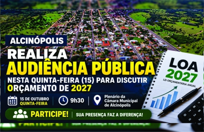 Alcinópolis realiza audiência pública nesta quinta-feira (15) para discutir orçamento de 2027